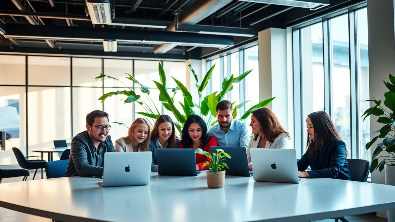 Team collaborating in a bright, modern office space.
