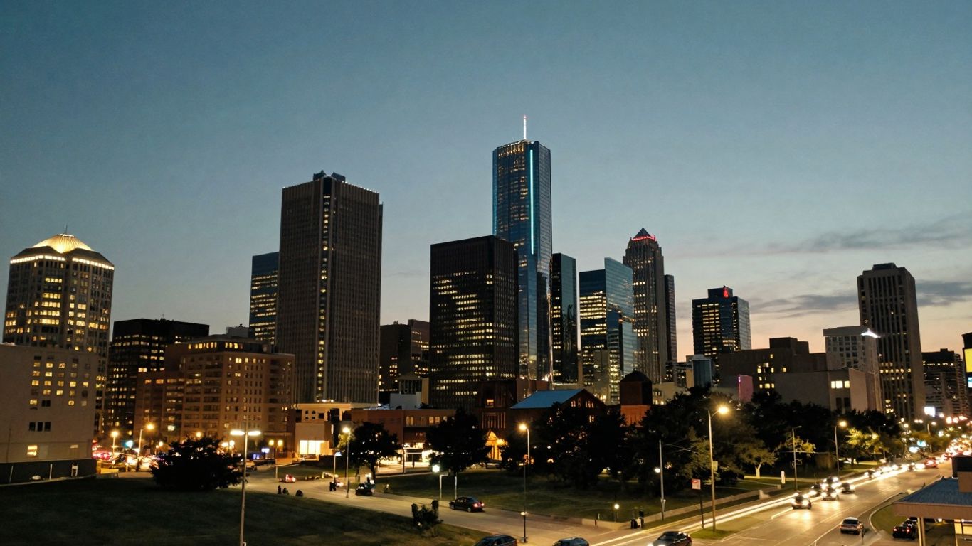 Detroit skyline at dusk with glowing city lights.