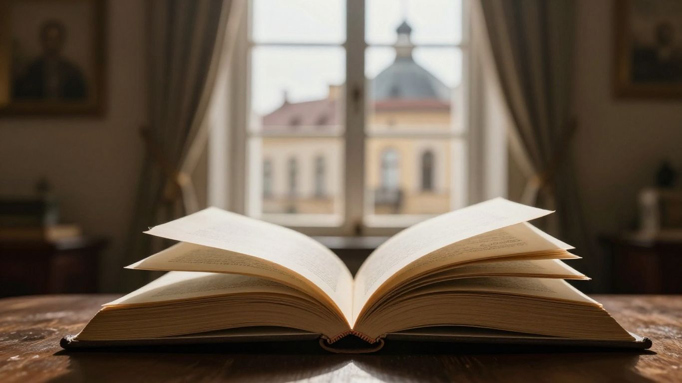 Carte deschisă pe fundal arhitectural românesc clasic.