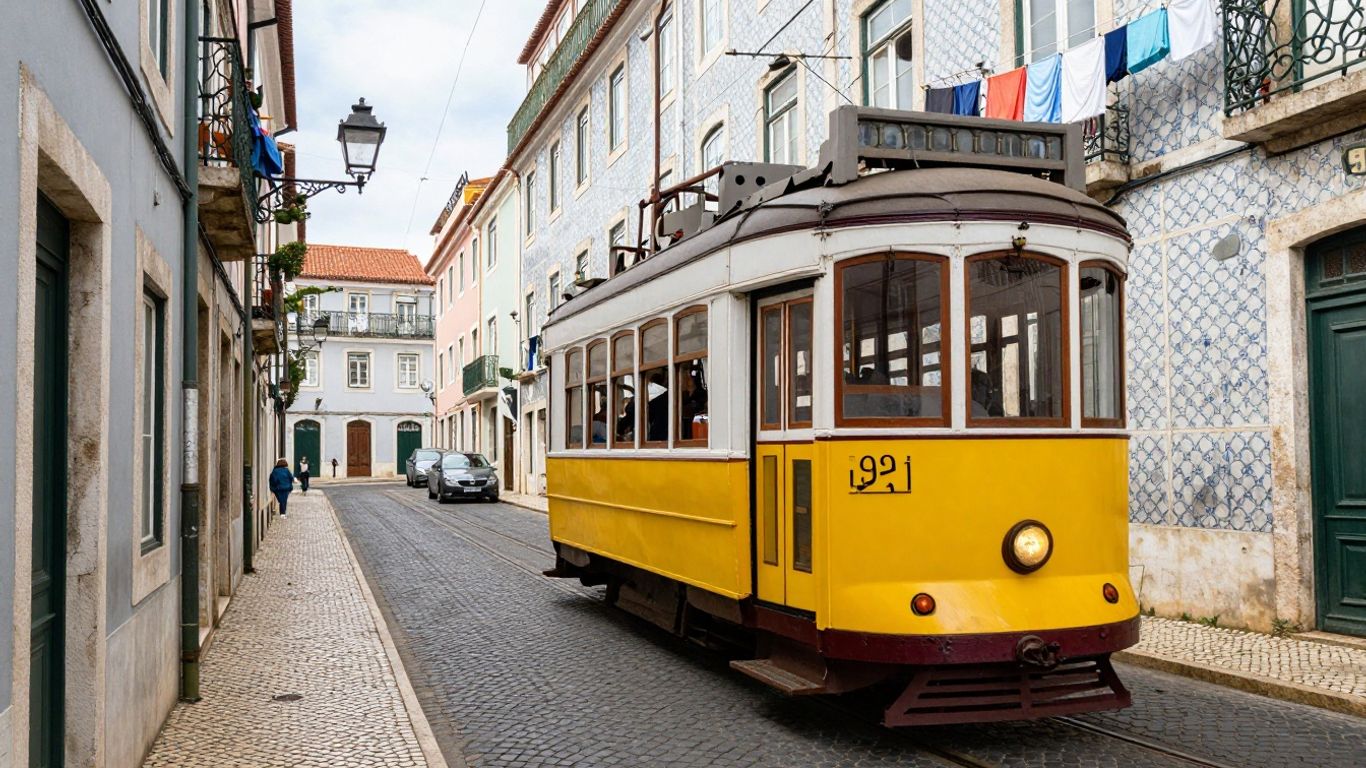 Lisbon's historic Tram 28 on a sunny cobblestone street.