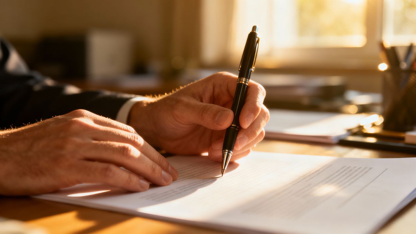Hands writing a will with a pen.