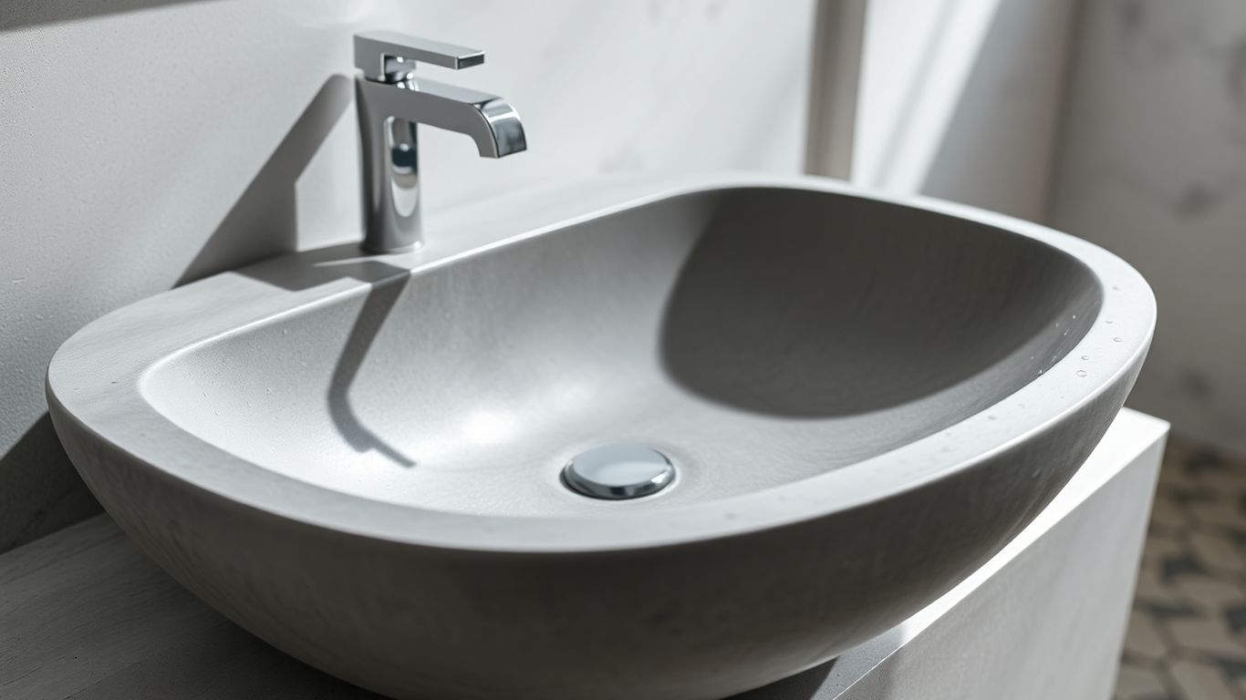 Modern concrete wash basin with water droplets.