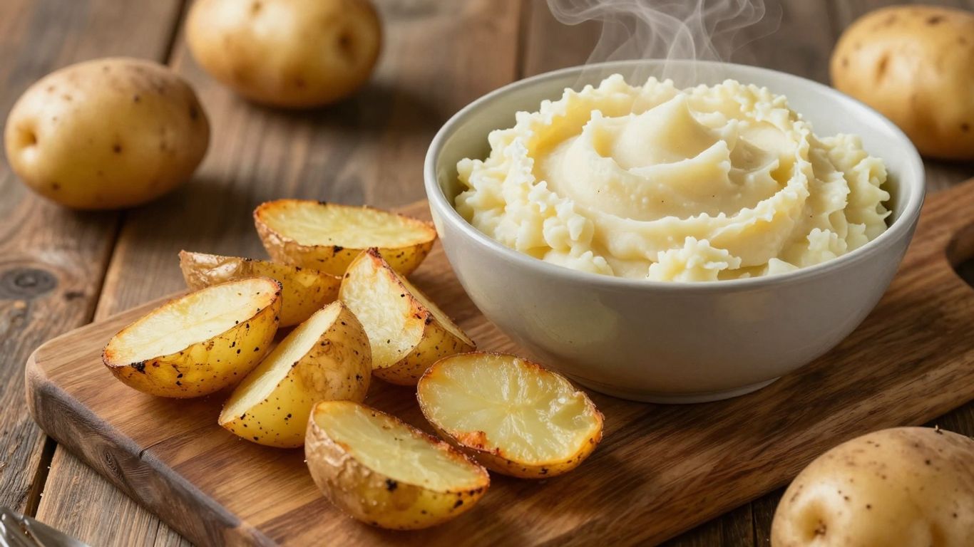 Gouden aardappelpartjes en romige aardappelpuree op tafel.