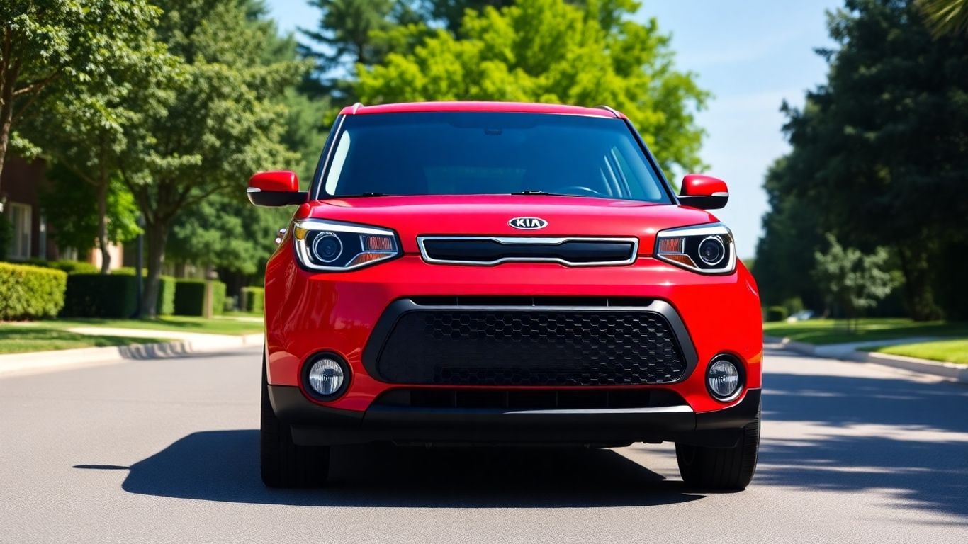 Red Kia Soul parked on a sunny street.