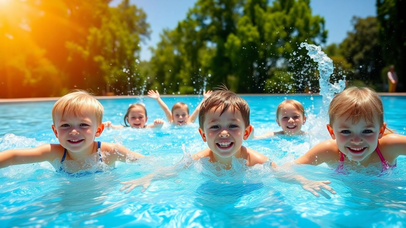 Kids having fun swimming in a bright blue pool.