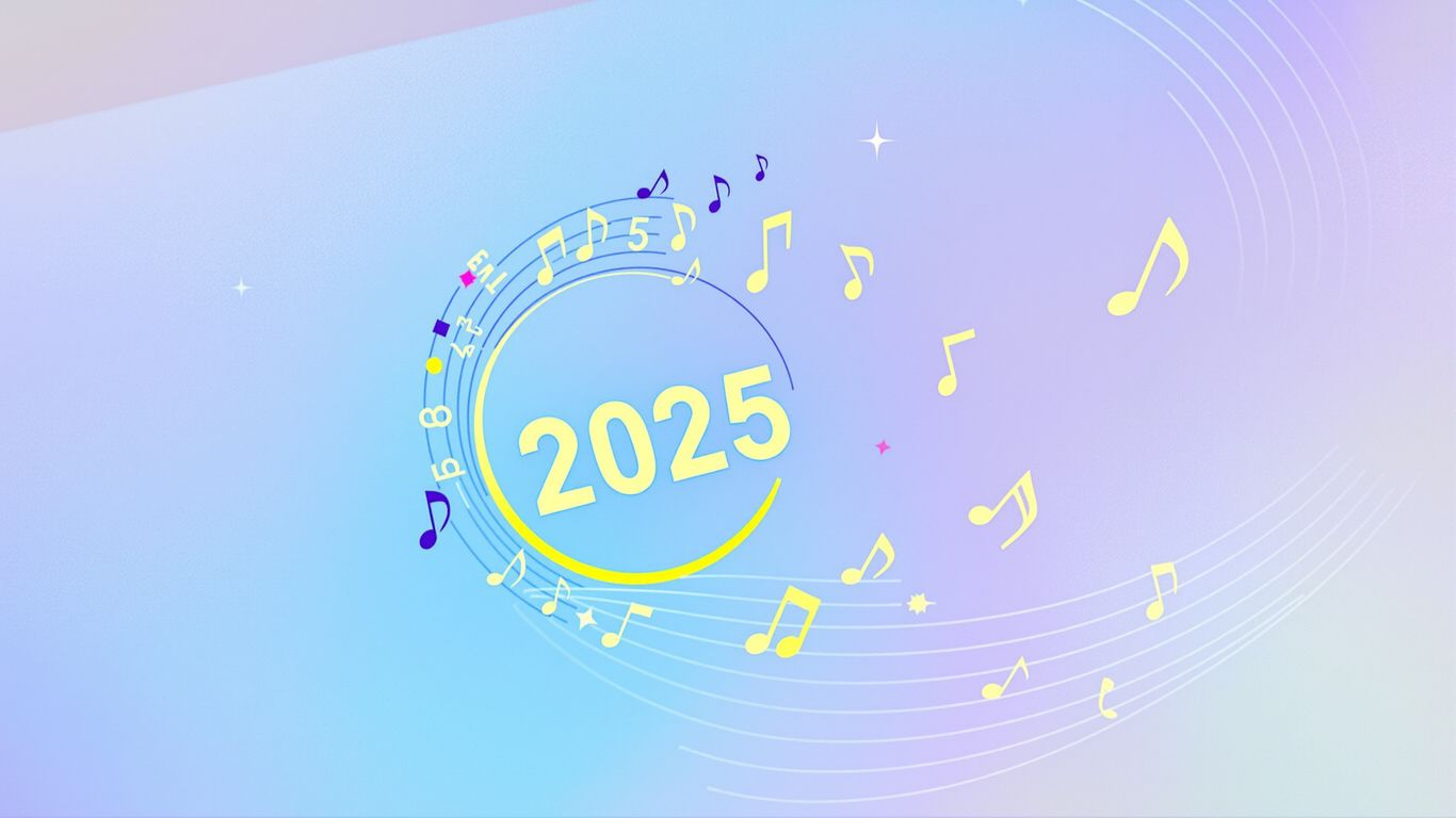 2025 calendar with a circled date and floating musical notes.