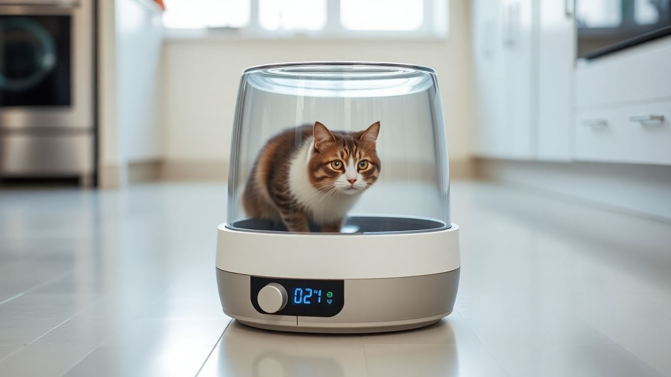 Cat eagerly awaits food from a timed wet food feeder.