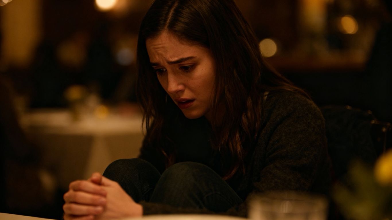 Woman looking nervous on a first date.