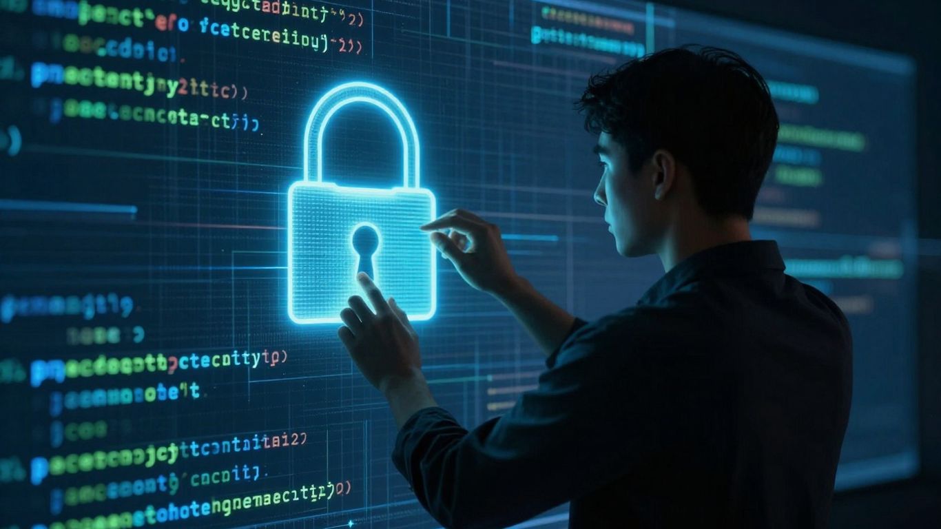 Ethical hacker working on a computer with a padlock icon.