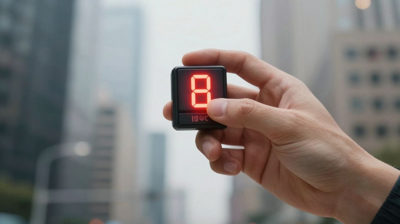 Hand holding stock ticker with financial district background.