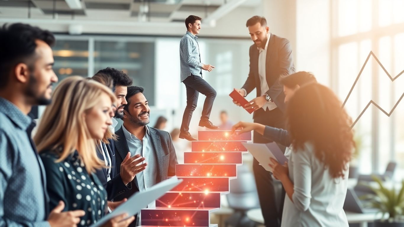 Professionals collaborating, one ascending data staircase.