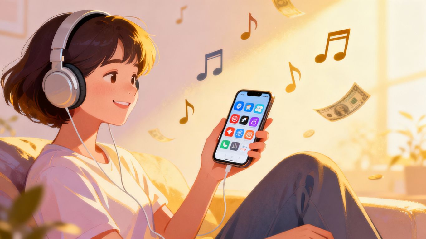 Person enjoying music and earning money via apps.