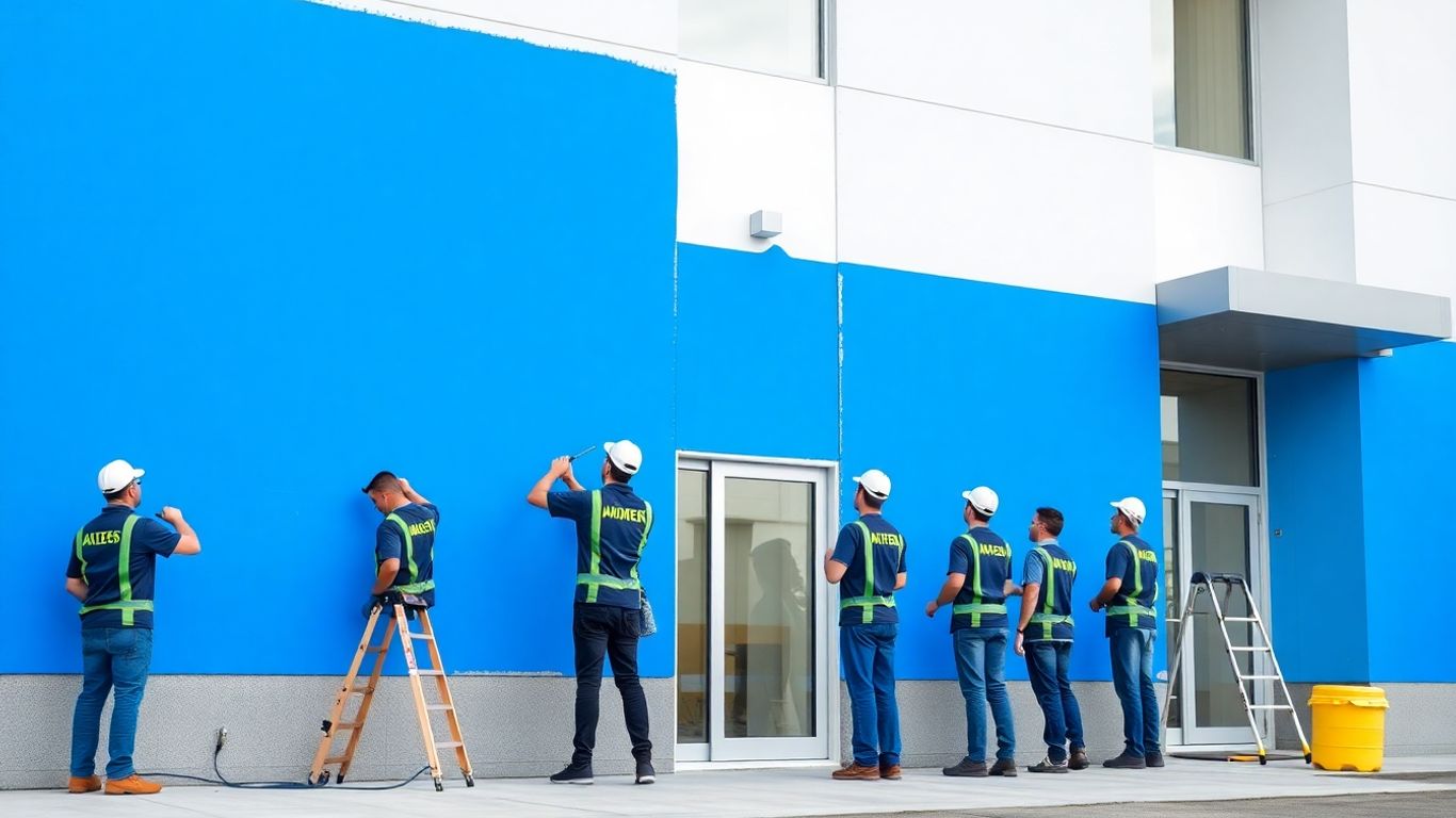Commercial building exterior receiving a fresh coat of paint.