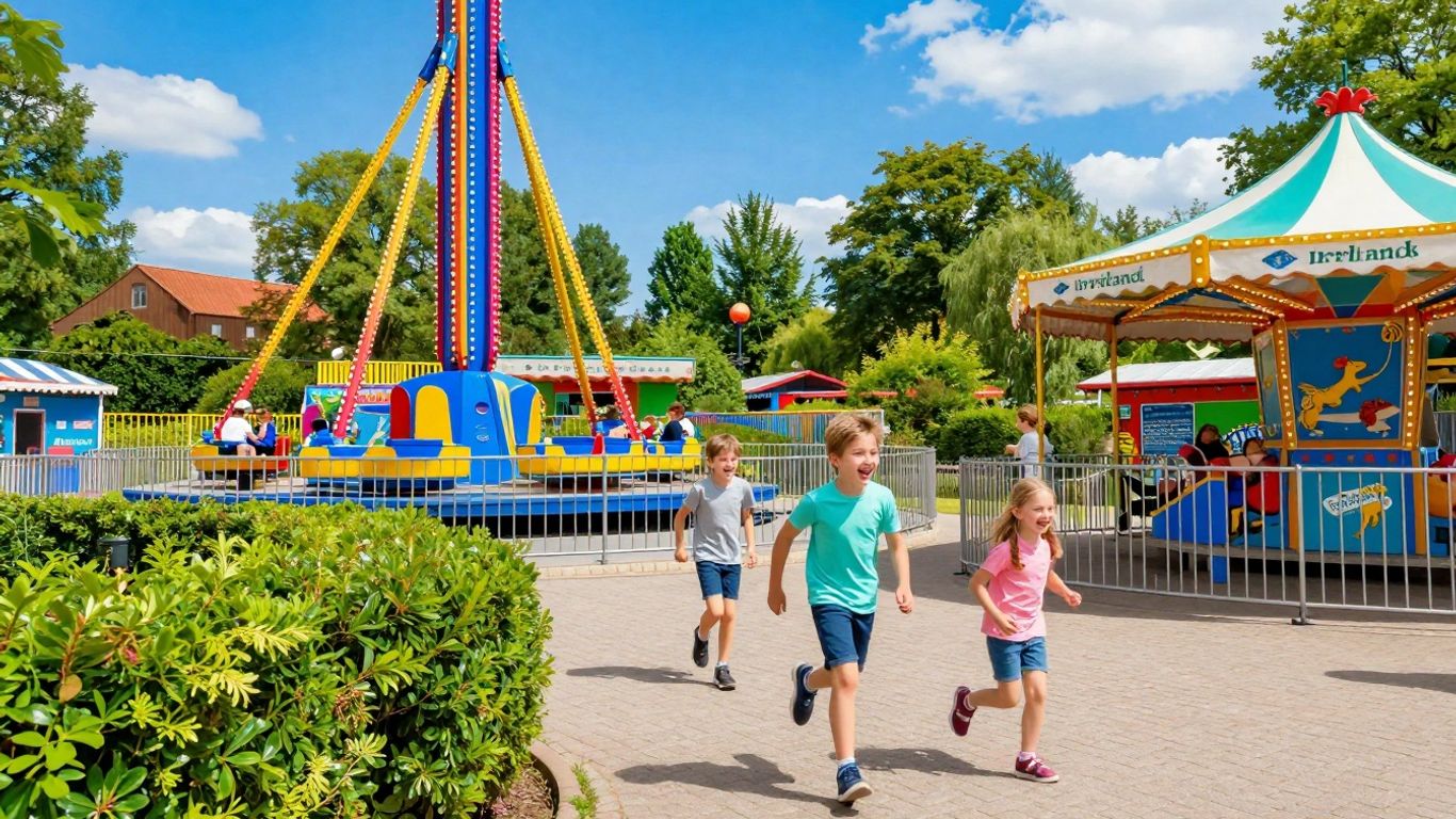 Irrland Freizeitpark mit lachenden Kindern und bunten Attraktionen