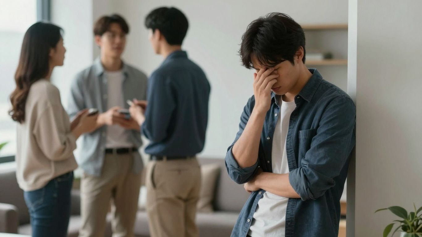 Person looking awkward at a social gathering.