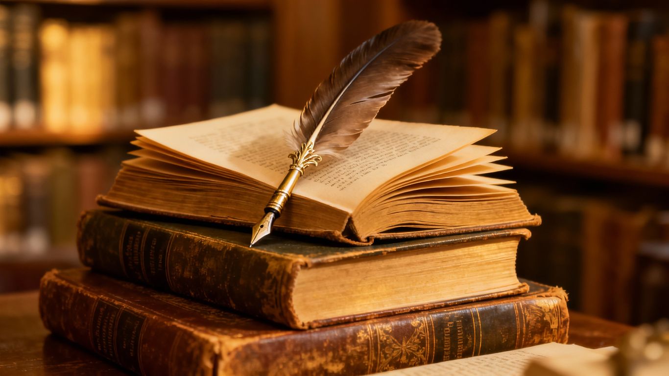 Stack of books with a quill pen.