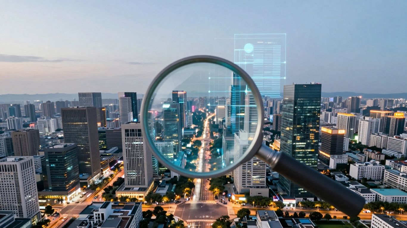 Cityscape with glowing pathways and magnifying glass.