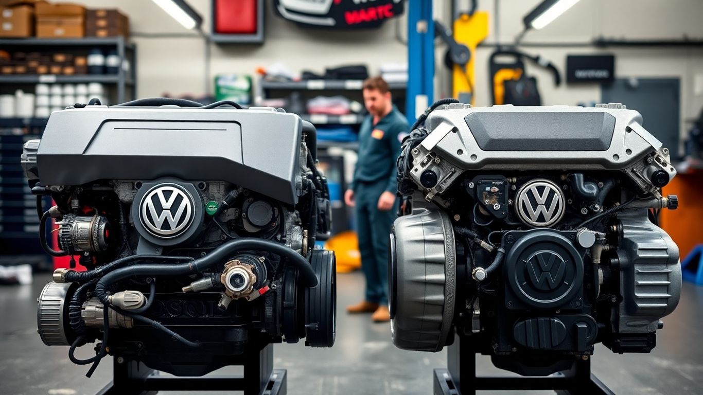 New and used Volkswagen Golf engines in workshop