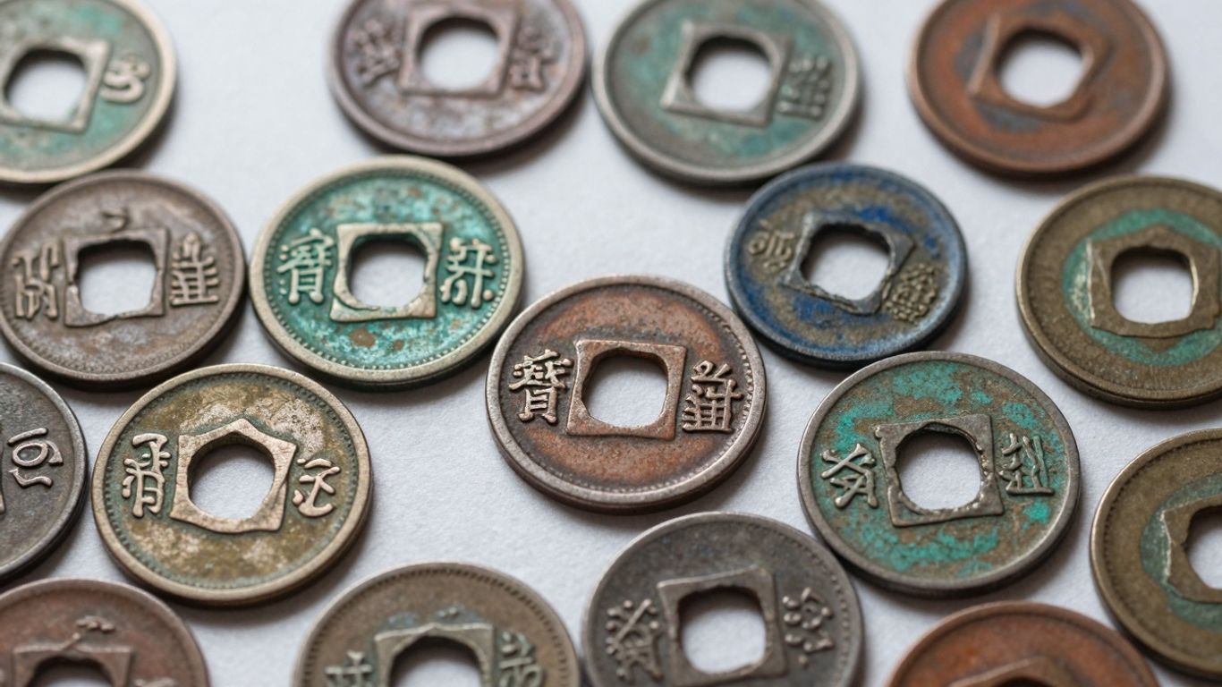 Close-up of ancient coins with varied natural toning colors.