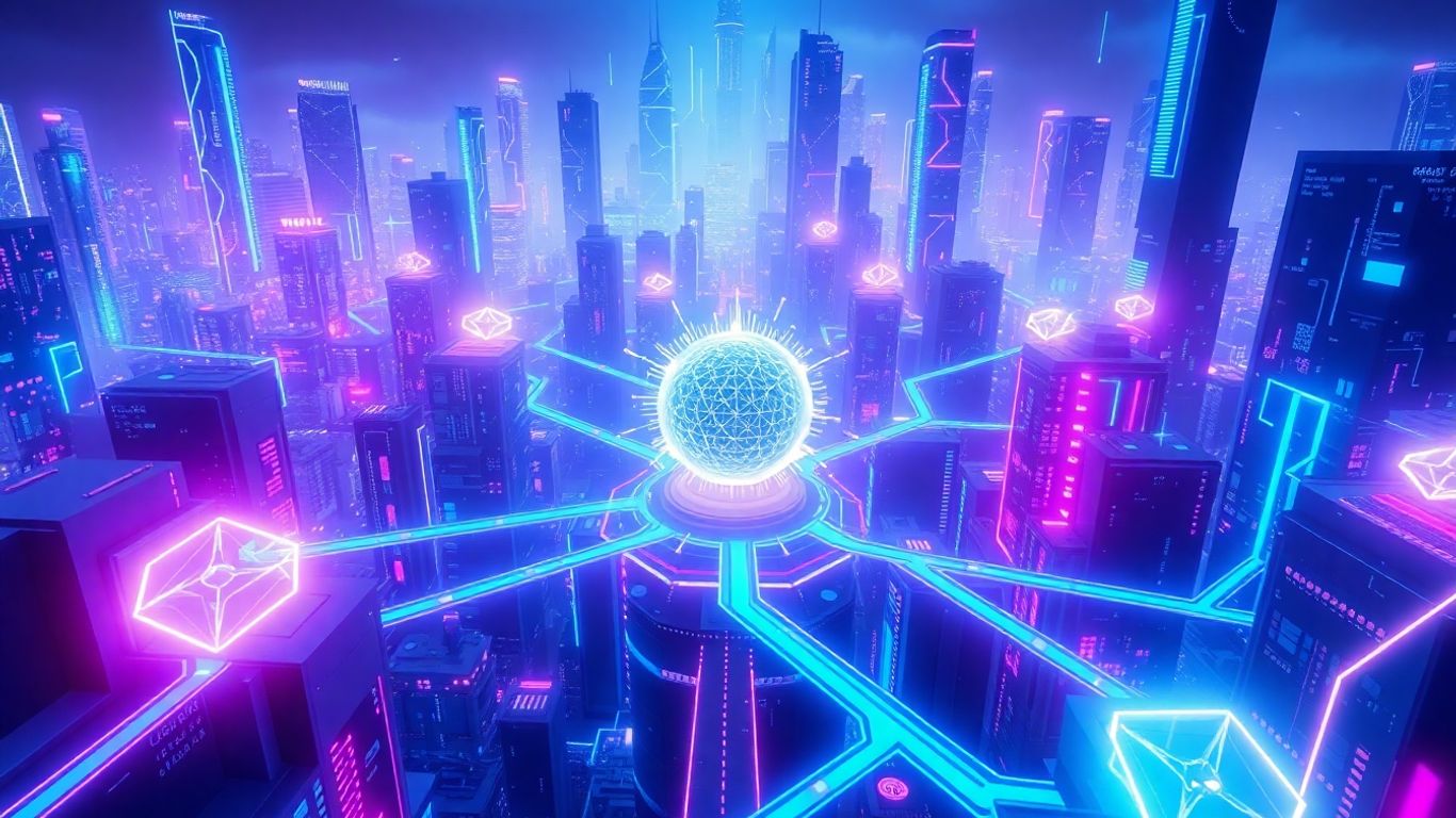 Futuristic cityscape with glowing digital pathways and energy orb.