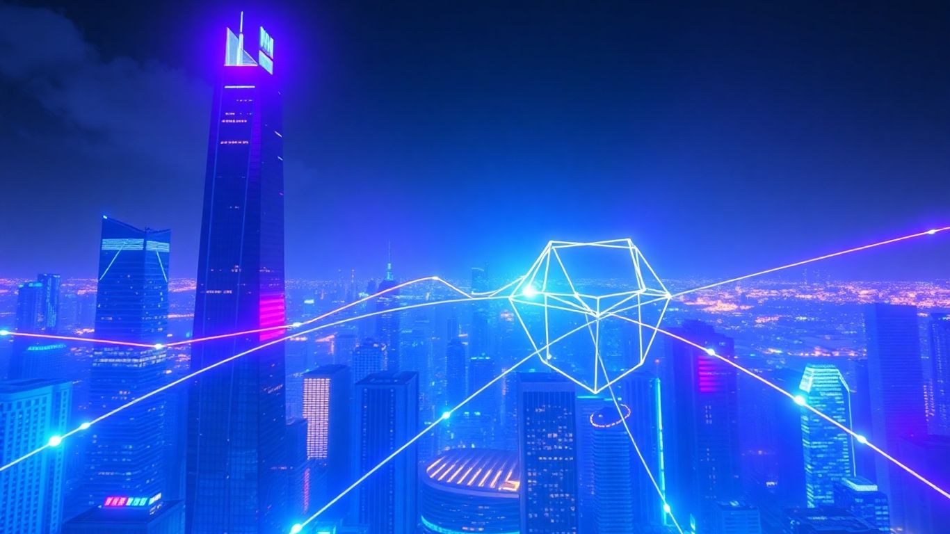 Futuristic cityscape with digital streams and floating assets.