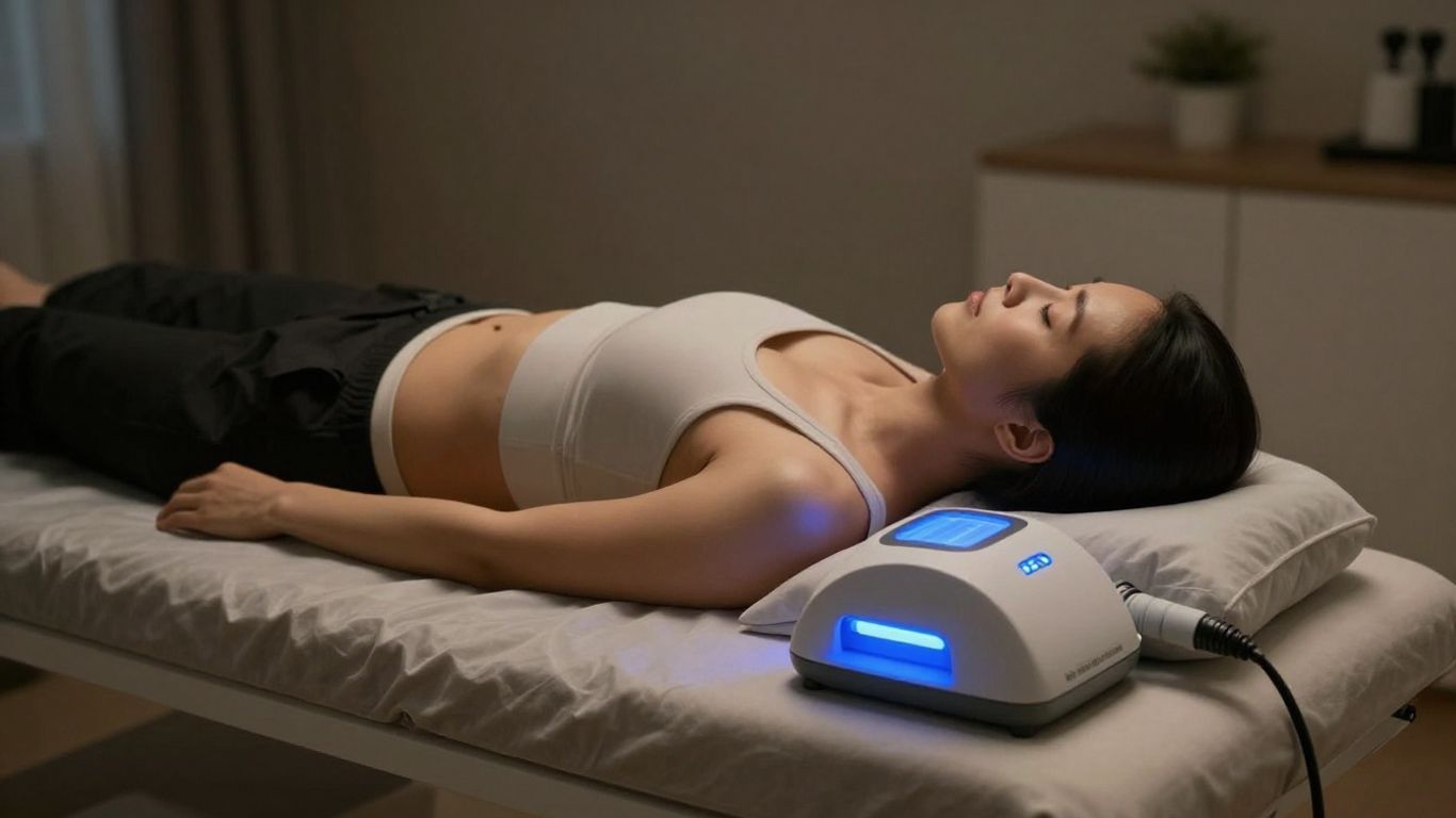 Person receiving PEMF therapy with blue light.