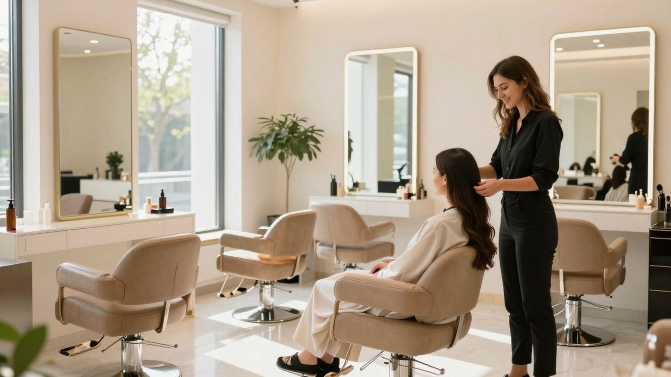 Modern beauty salon interior with happy client and stylist.