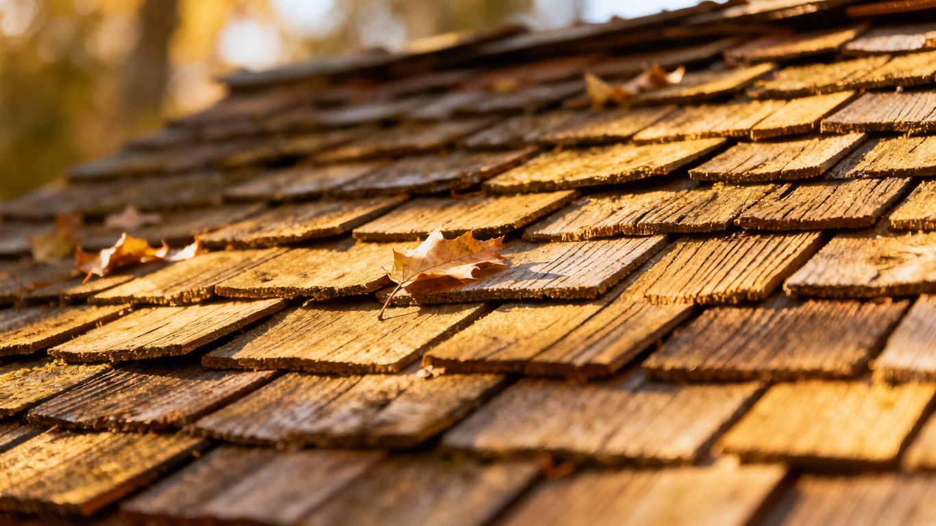 Wood shake roof with fallen leaves.