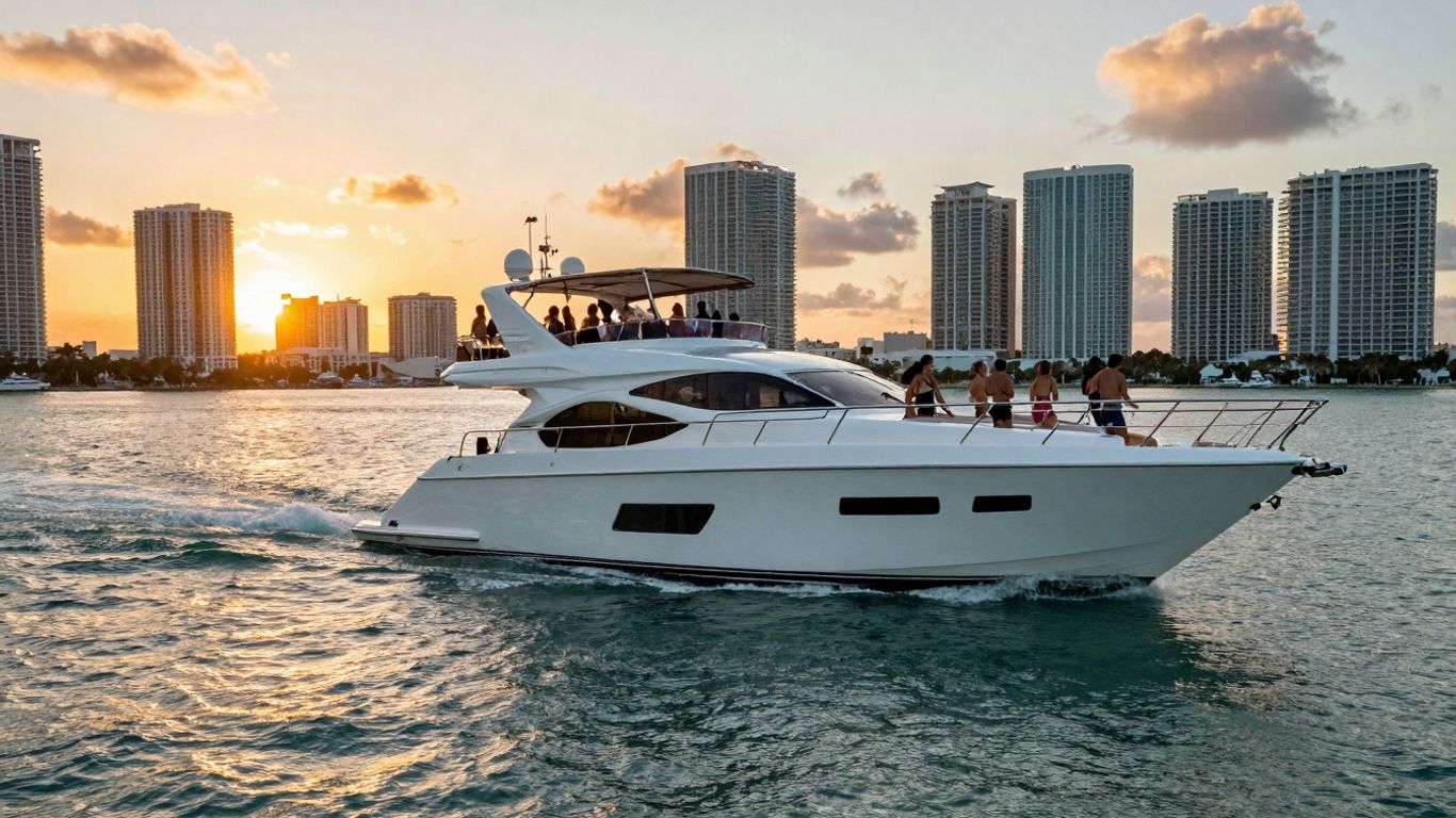 Luxury yacht party in Miami at sunset.