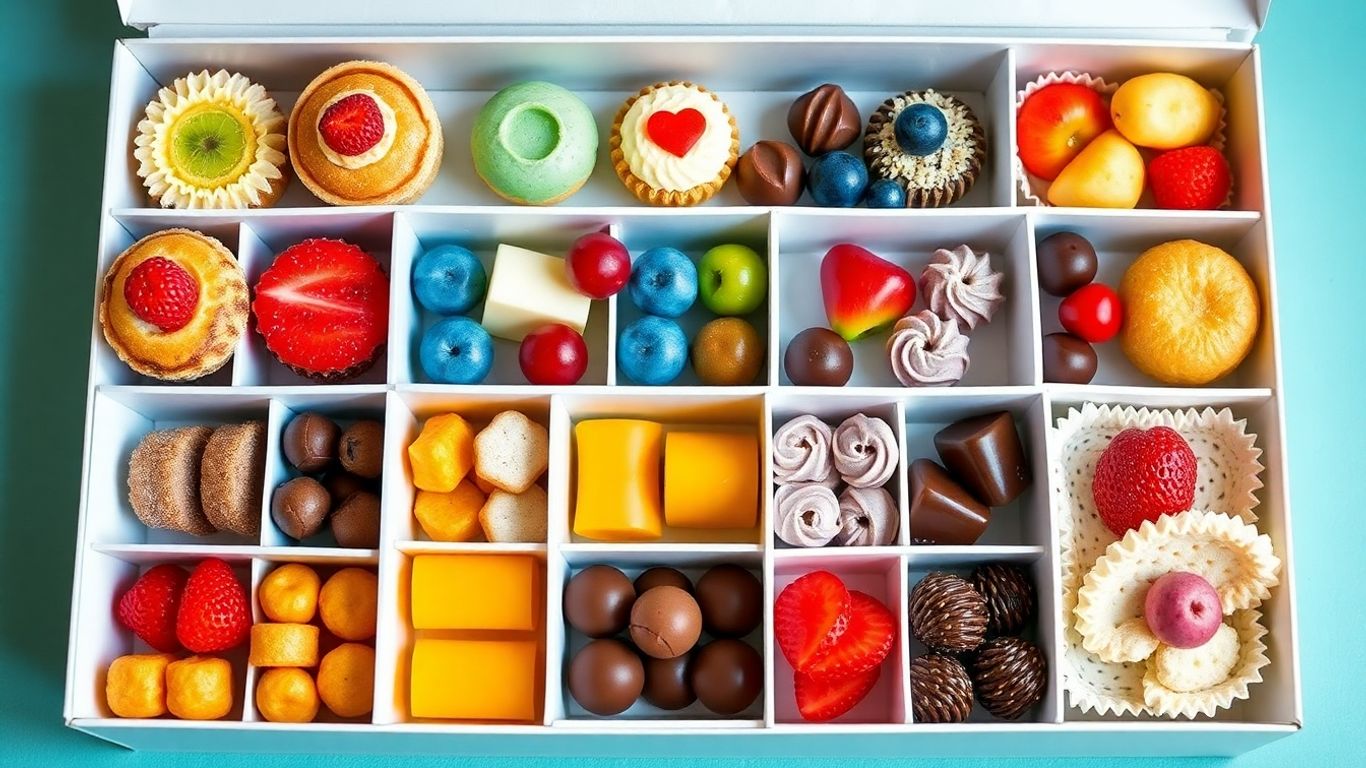 กล่องขนมหลากหลายสีสัน จัดเรียงอย่างสวยงามน่ารับประทาน