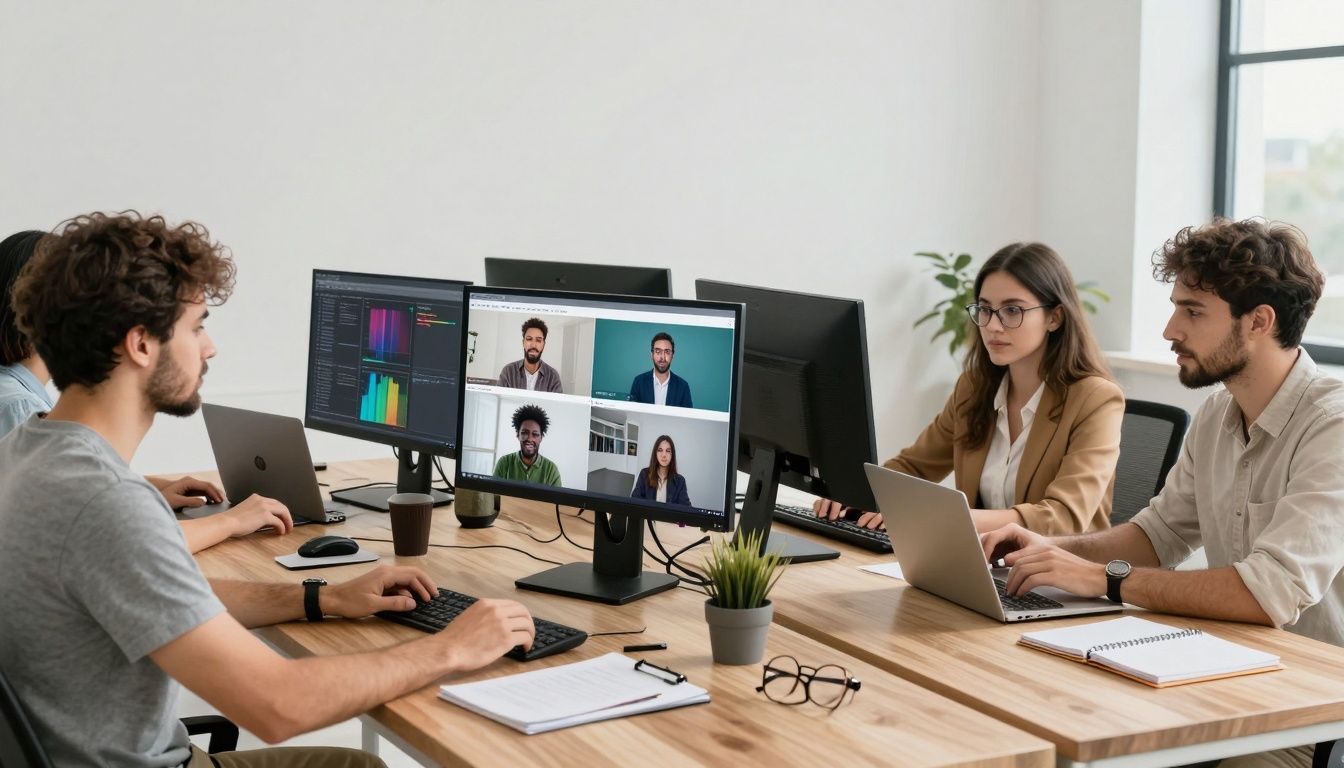 Capa ilustrando pessoas usando diferentes ferramentas de colaboração em um ambiente de trabalho moderno