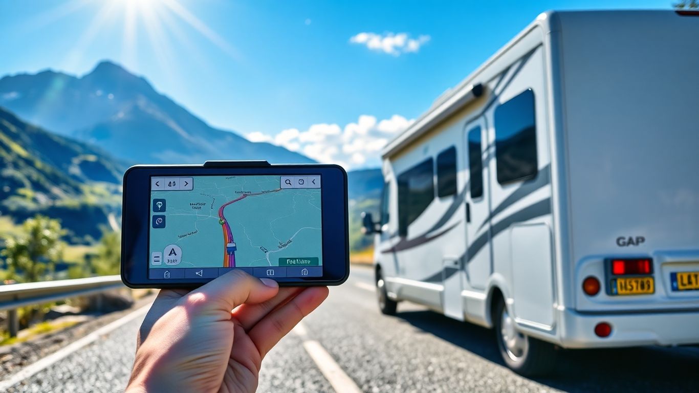 GPS-Gerät im Wohnmobil auf einer Bergstraße
