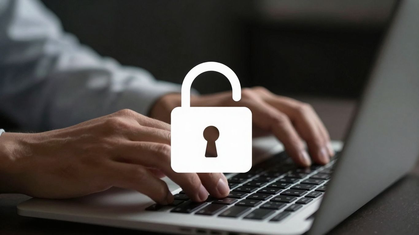 Hands typing on a laptop with a padlock icon.