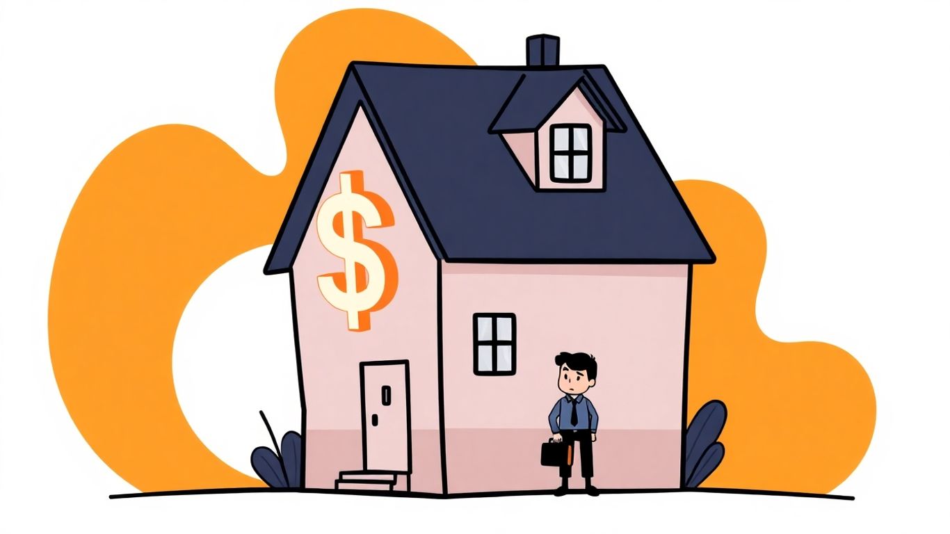 Cartoon house with dollar sign and worried person.