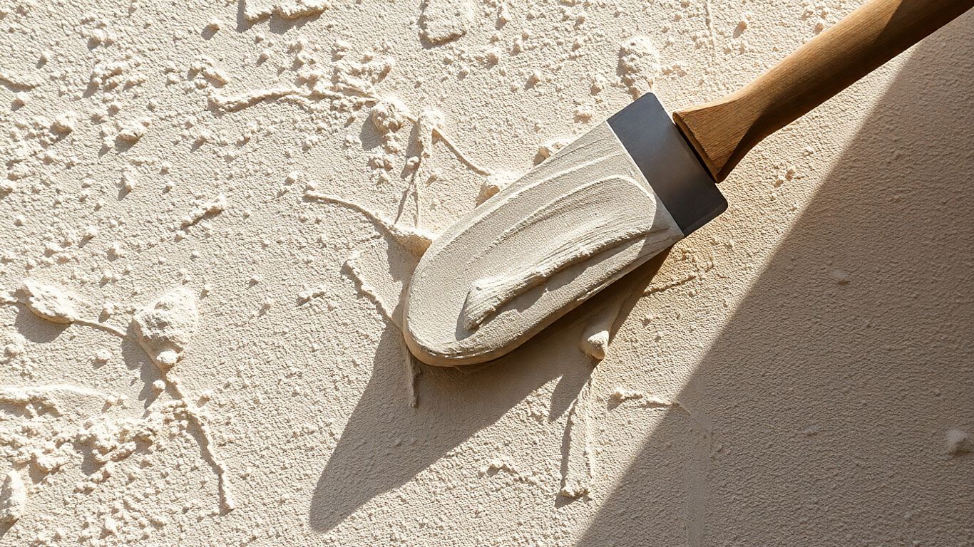 Plasterer smoothing a textured wall with a trowel.