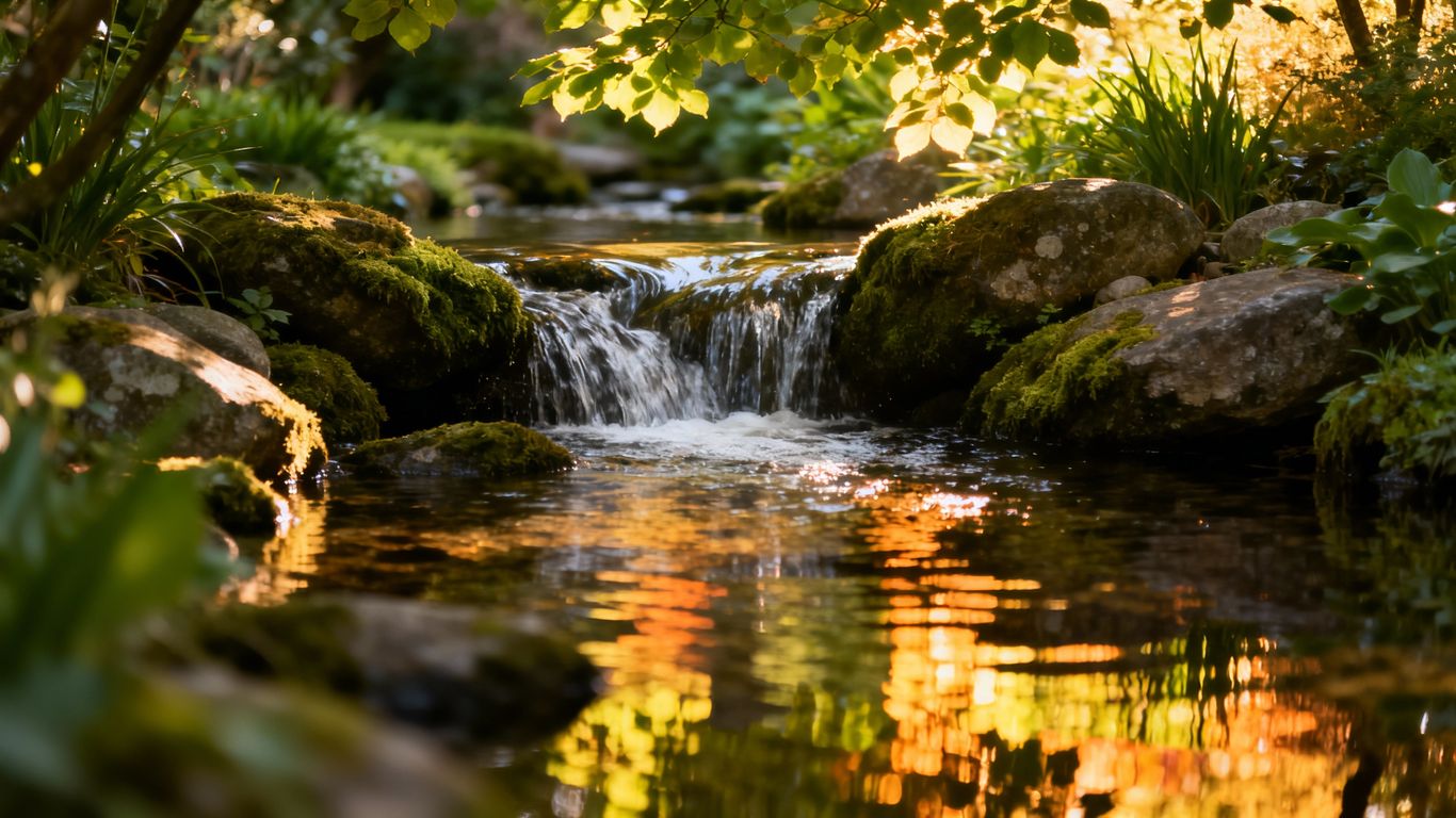 流動的溪水與綠意盎然的庭園景觀