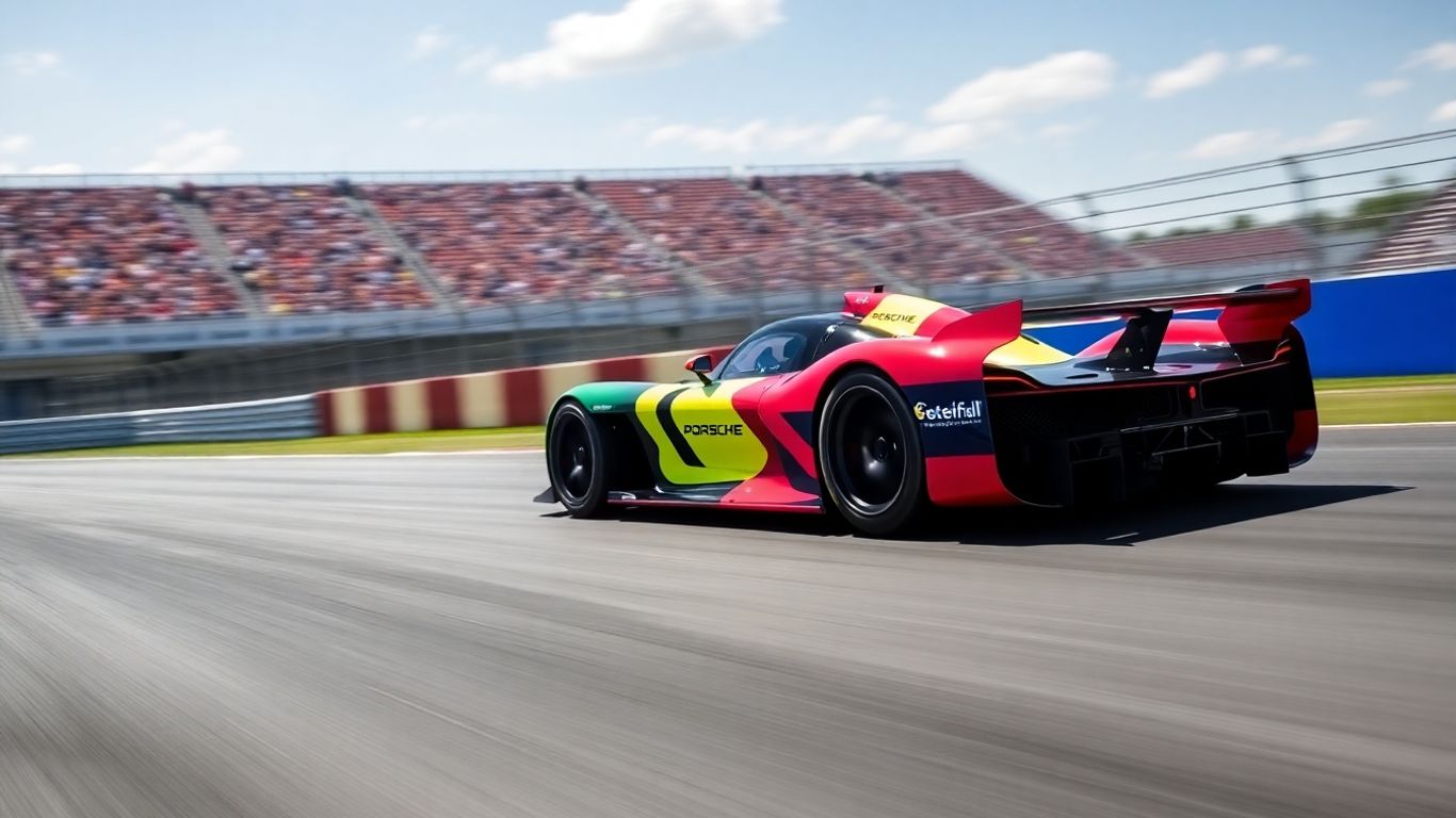 Porsche Formula E race car in action on track.