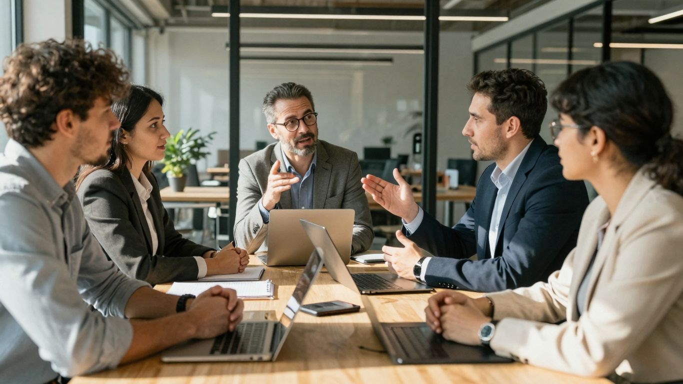 Marketing professionals collaborating in a bright office setting.