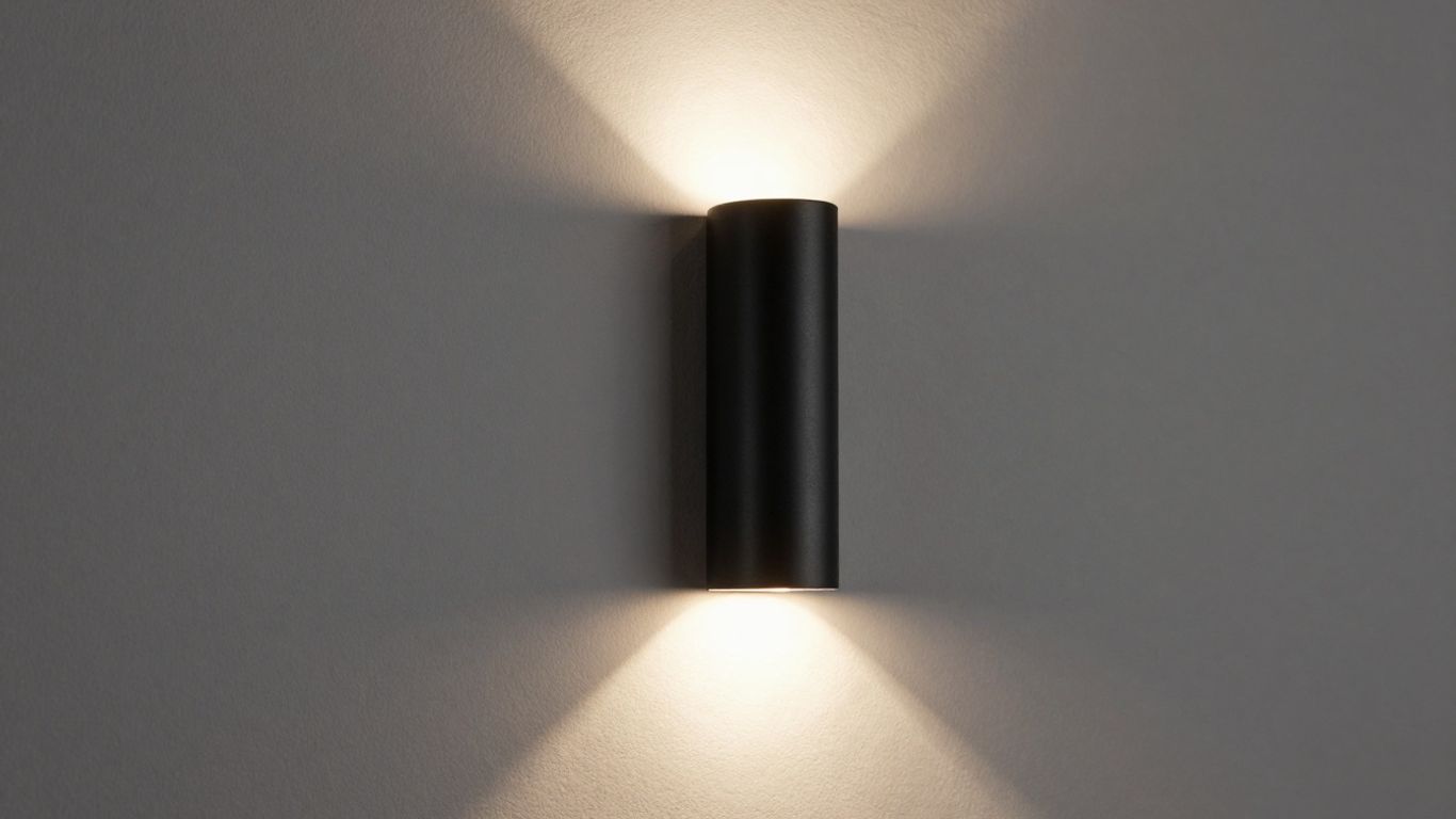 Modern black wall light fixture illuminating a textured wall.