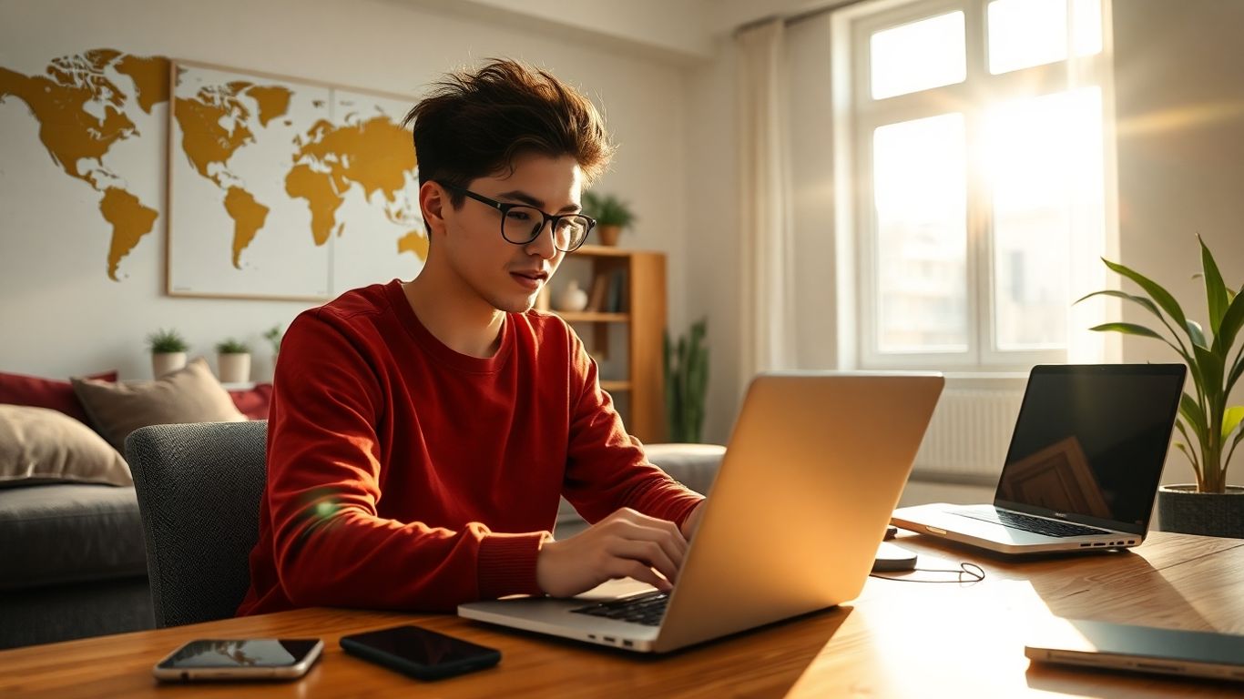 Persoană tânără lucrând la laptop într-un apartament modern.