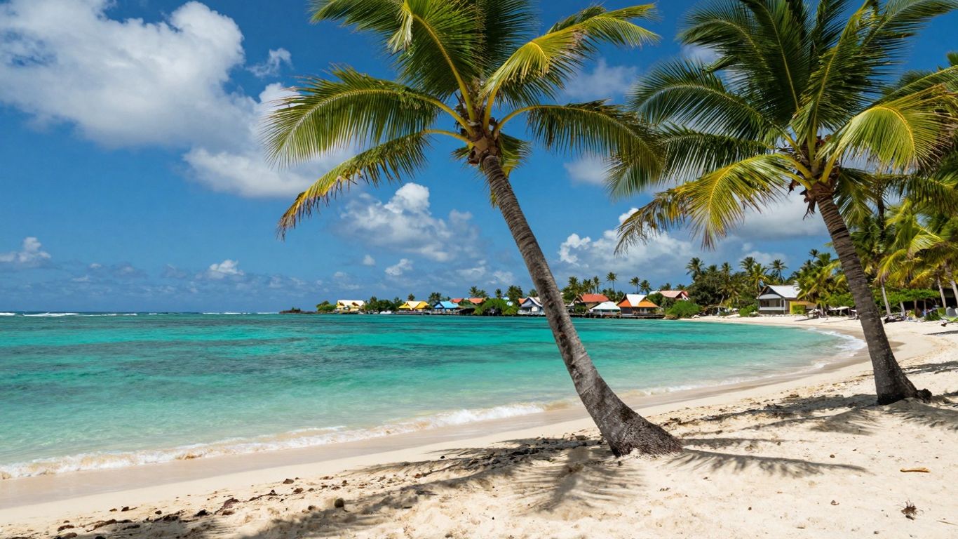 Sunny beach with palm trees and a distant coastal village.