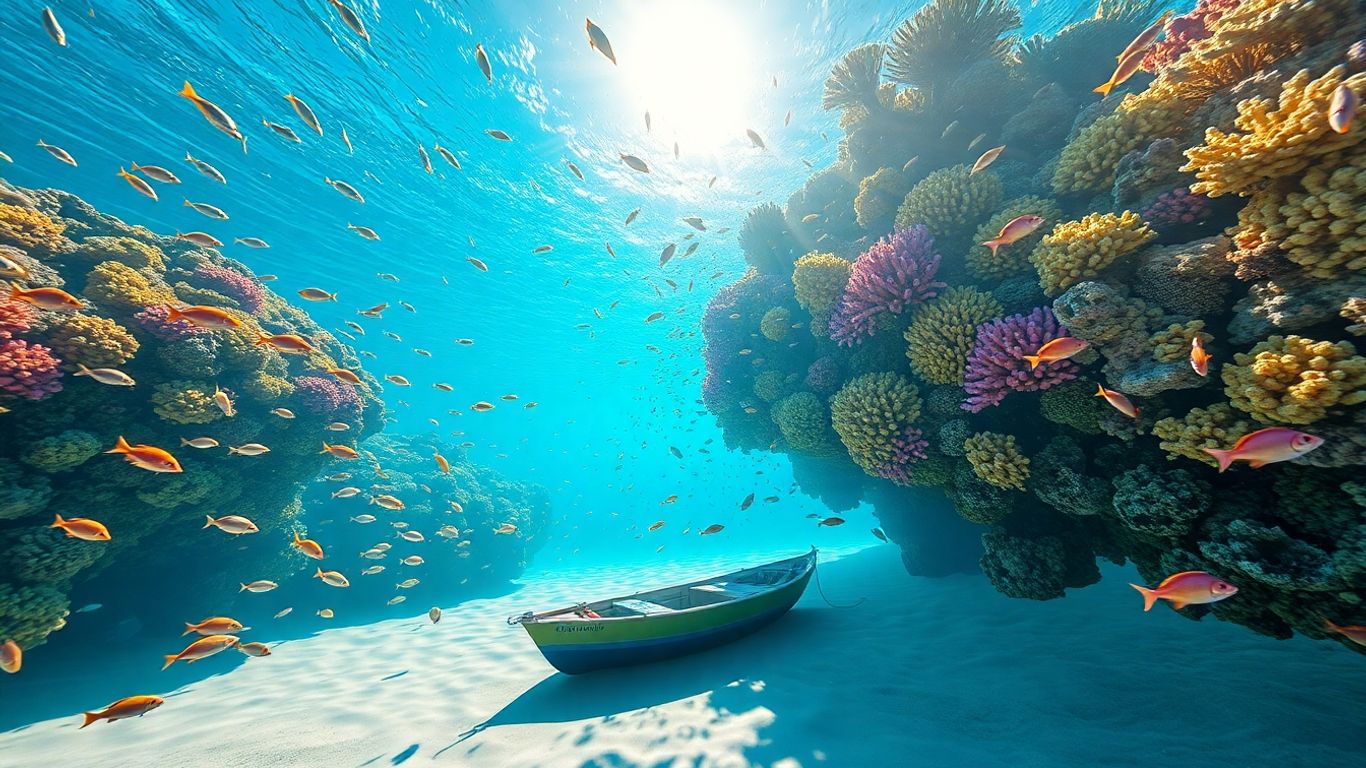 Peixes coloridos em recife de coral com barco de pesca.