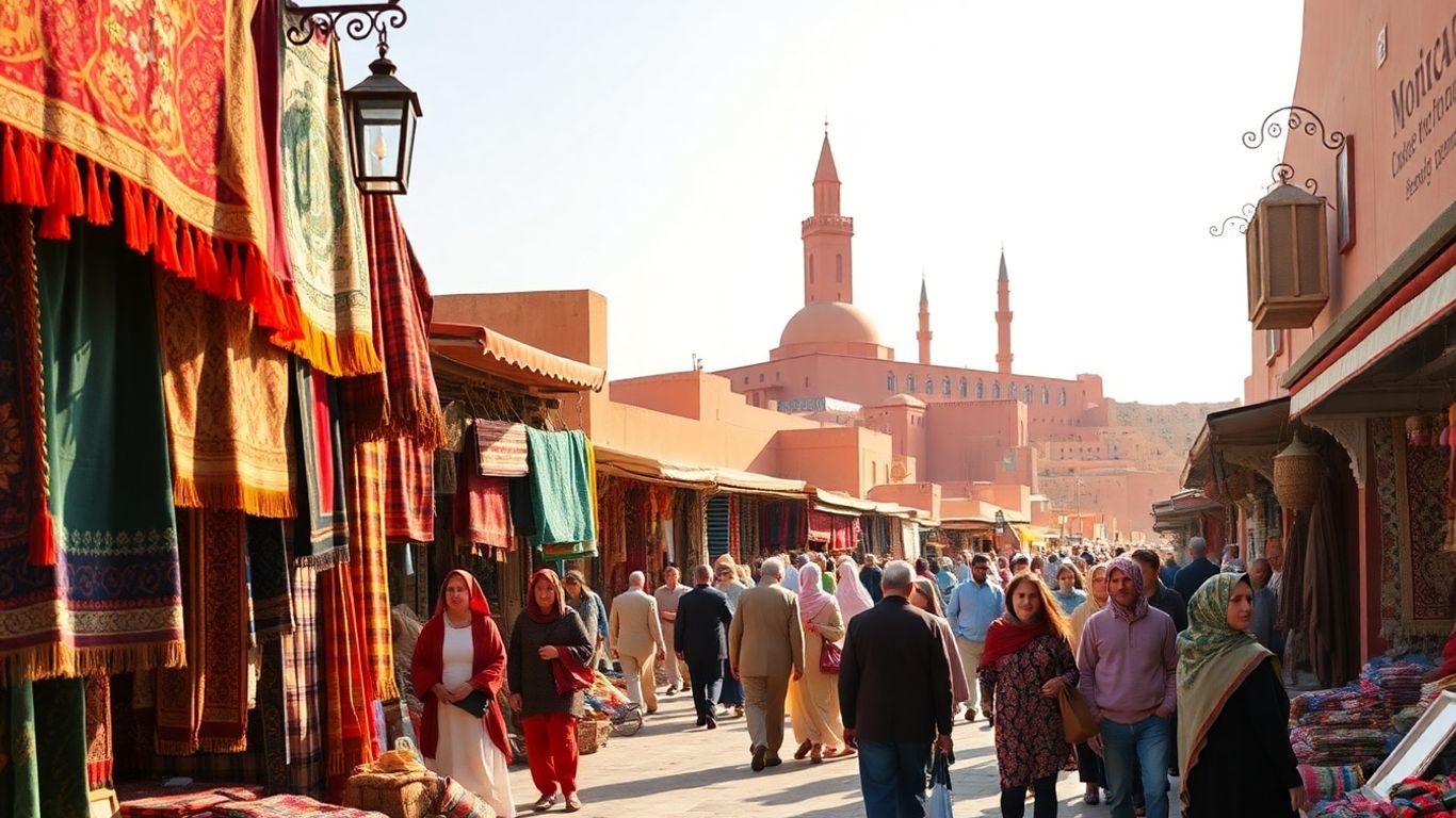 Colorful Moroccan marketplace with textiles and lanterns.