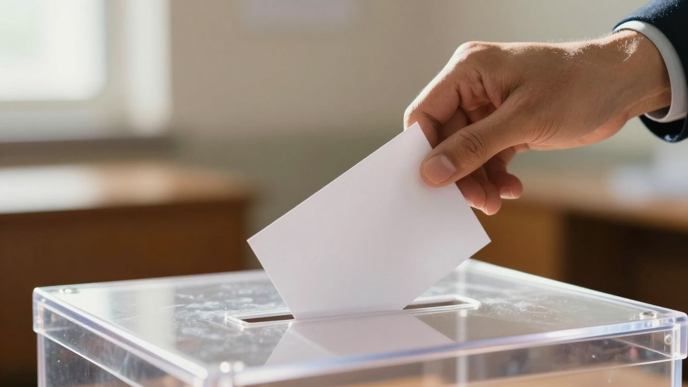 Mână introducând un buletin de vot în urnă.