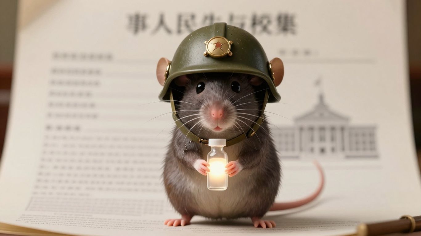 Rat in military helmet with vial near legal documents.
