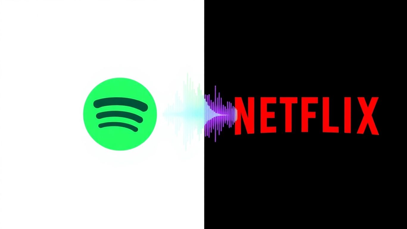 Spotify and Netflix logos merge with abstract visuals.