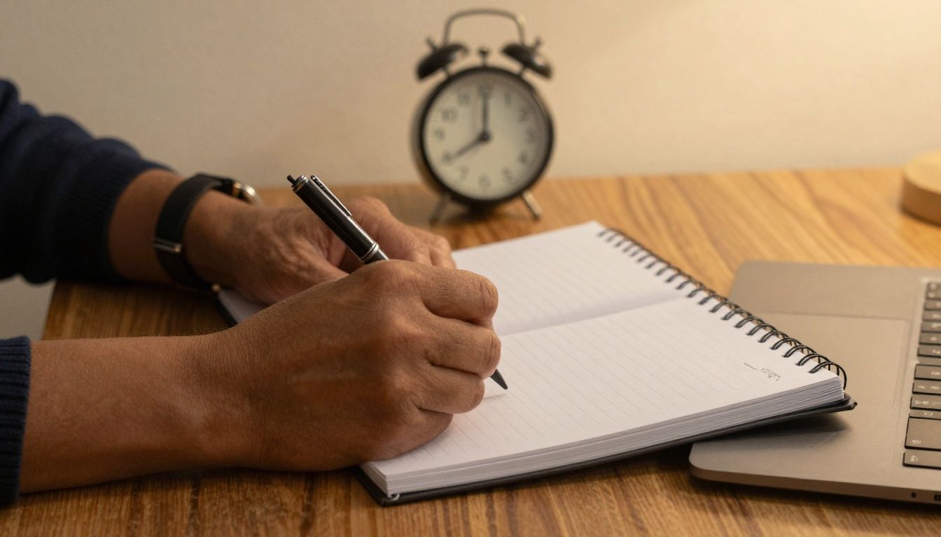 Pessoa organizando tarefas e vencendo a procrastinação, com caderno e relógio ao fundo