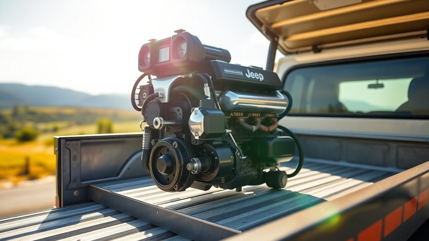 Jeep engine on a delivery truck, ready for adventure.
