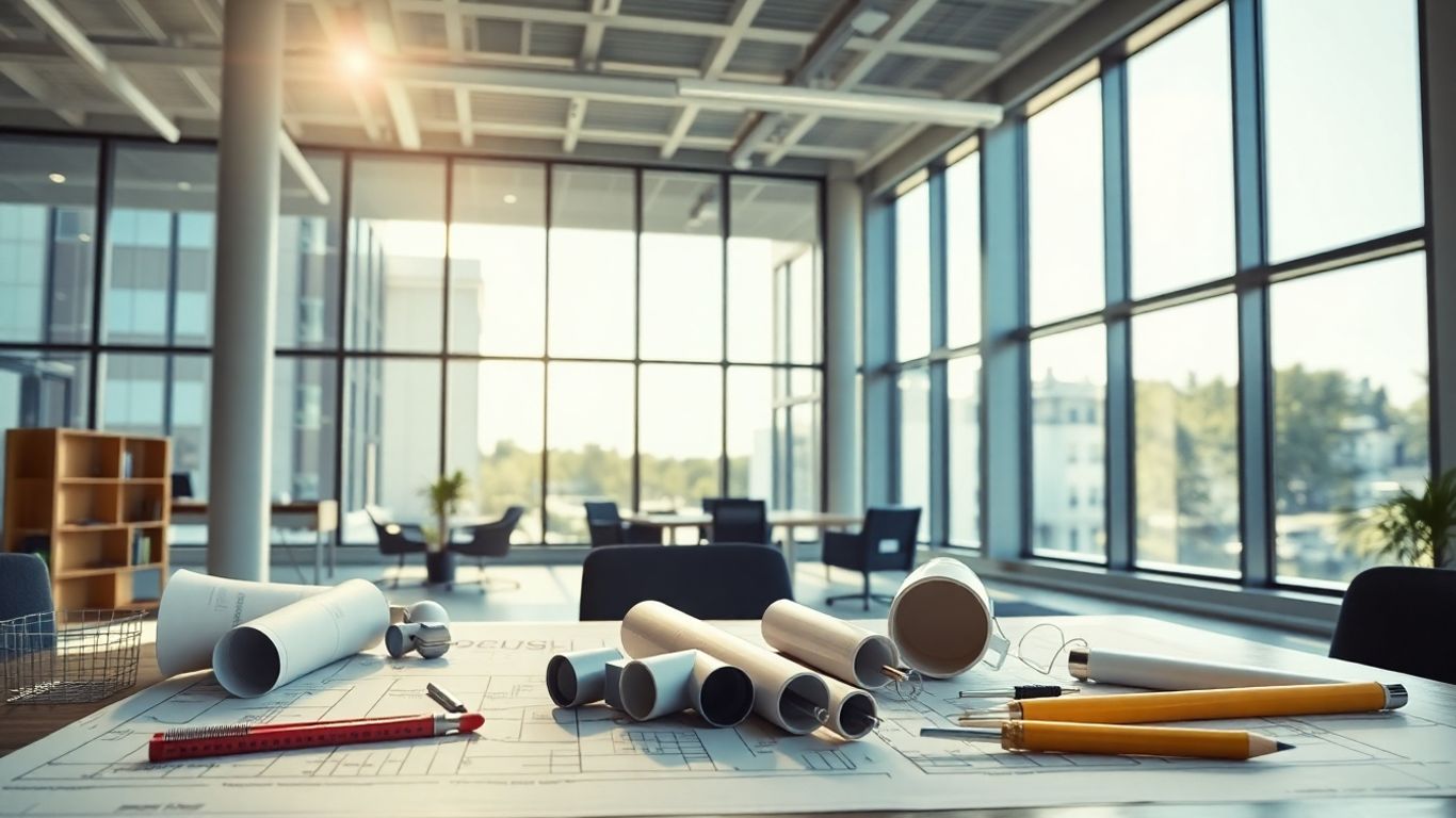 AEC marketing concepts with office and construction elements.