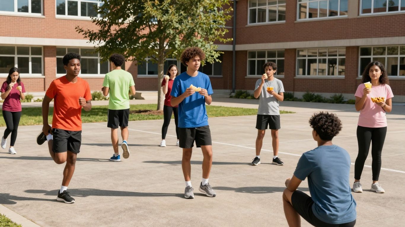 Students exercising and eating healthy on a school campus.
